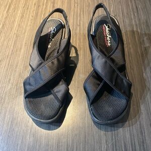 Skechers Black Criss-Cross Wedge Sandals with Cushioned Sole